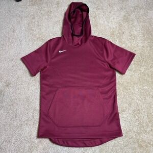 Nike Dri-FIT Hoodie Mens S Burgundy Short Sleeve Kangaroo Pocket Pullover